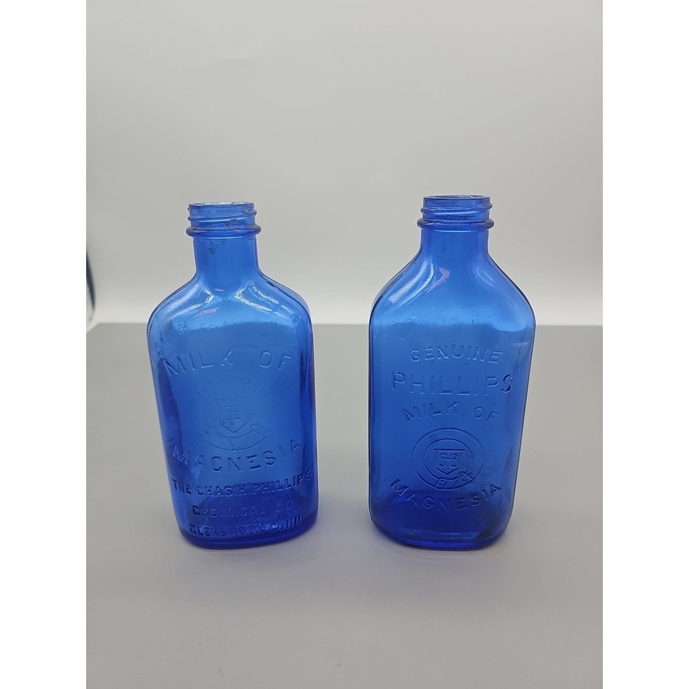 Vintage Phillips Milk Of Magnesia Cobalt Blue Glass Bottles - Lot of 2 USA